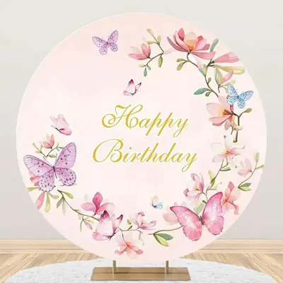 Pink Floral Butterfly Spring Round Birthday Backdrop - Aperturee