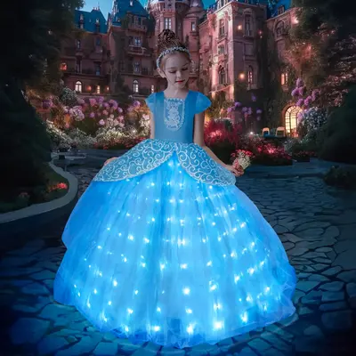 UPORPOR Light Up Princess Dress for Girls Halloween Cosplay Costume Blue Princess Dress Up Kids Outfit for Birthday Christmas...