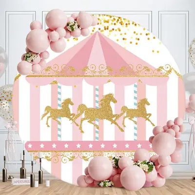 Aperturee Round Golden Carousel Pink Happy Birthday Backdrop