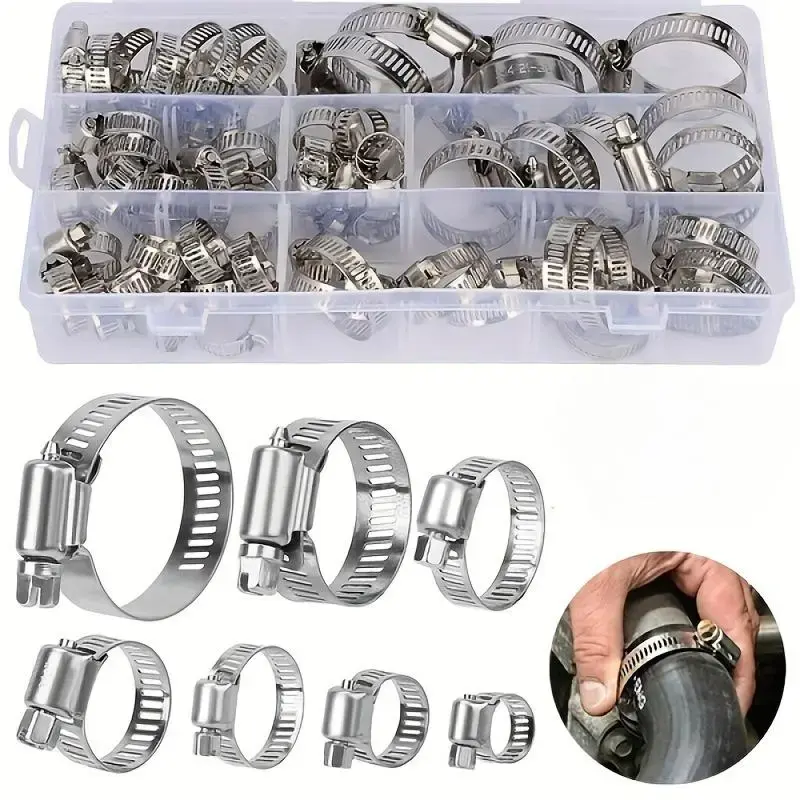 Adjustable Stainless Steel Worm Gear Hose Clamp (60 Counts/set), 8-38mm Range Hose Clamp Set with Storage Box, Suitable for ...