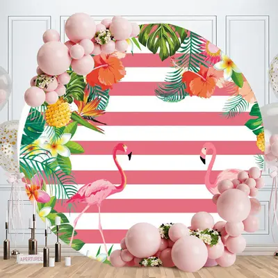 Aperturee Red-Crowned Crane Stripes Round Happy Birthday Backdrop