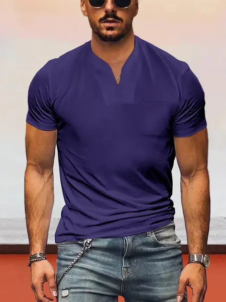 Loose Fit V-neck Short Sleeves T-shirt, Dark Purple / L