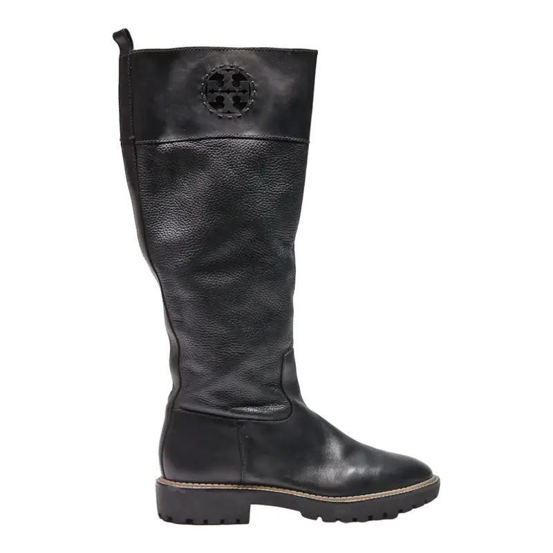 TORY BURCH High Boots Black Leather Womens UK 6.5