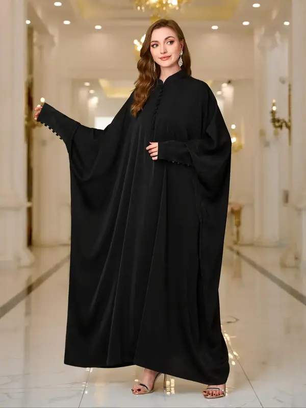 Women's Solid Button Front Batwing Sleeve Abaya Dress, Elegant Button Decor Cuff Long Sleeve Stand Collar Maxi Muslim Dress f...