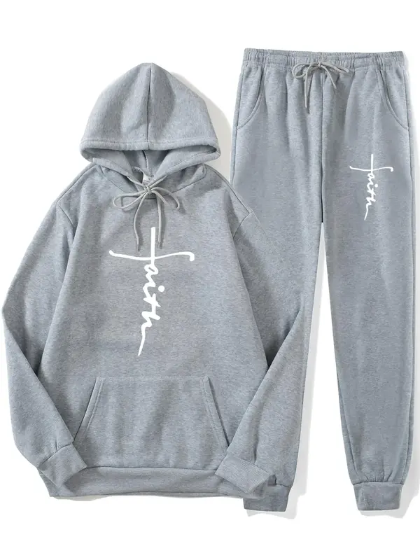 Menswear Outfits Men's Stylish Cross Letter Print Kangaroo Pocket Hoodie & Drawstring Sweatpants Set, Formal Wear Casual Hood...