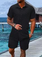 Men's Solid Short Sleeve Waffle Shirt & Shorts Two-piece Set, Regular Fit Casual Button Up Top & Shorts for Summer, Men's Clo...