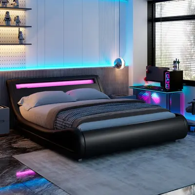 MUTICOR LED Lights Bed Frame with Faux LeatherăFrame Only No MattressăSleigh Upholstered Low Platform Bed Frame Solid Woo...