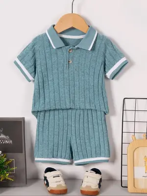 Two-piece Set Boy's Striped Pattern Button Front Top & Shorts Set, Casual Short Sleeve Collared Top & Shorts for Summer, Kids...