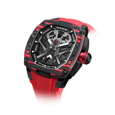 TSAR BOMBA Men's Swiss Automatic Watch | Red | Titanium & Carbon Fiber | Interchangeable Modular | 10ATM Waterproof | Dark Ma...