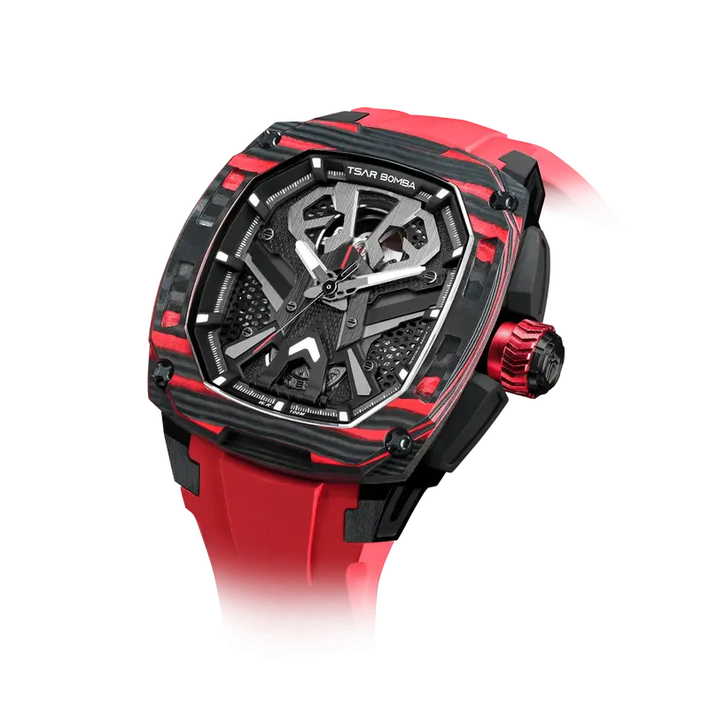 TSAR BOMBA Men's Swiss Automatic Watch | Red | Titanium & Carbon Fiber | Interchangeable Modular | 10ATM Waterproof | Dark Ma...
