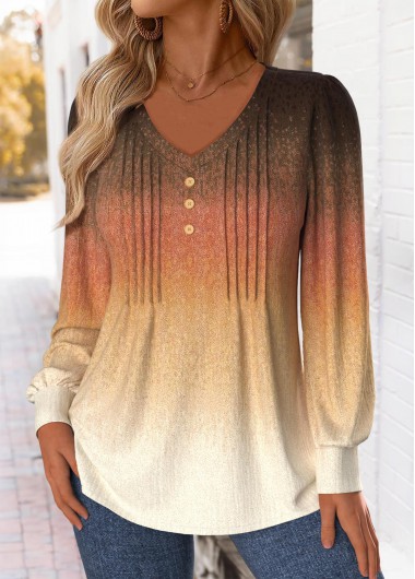 Modlily Multi Color Tuck Stitch Ombre Long Sleeve T Shirt - L