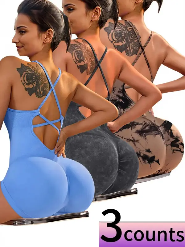 Women's Solid Criss Cross Backless Sports Romper, Athletic Casual Sporty Sleeveless Tummy Control Jumpsuit for Yoga Workout R...