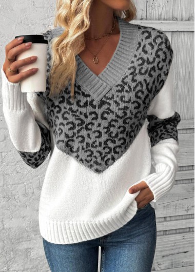 Modlily Grey Patchwork Leopard Long Sleeve V Neck Sweater - 2XL