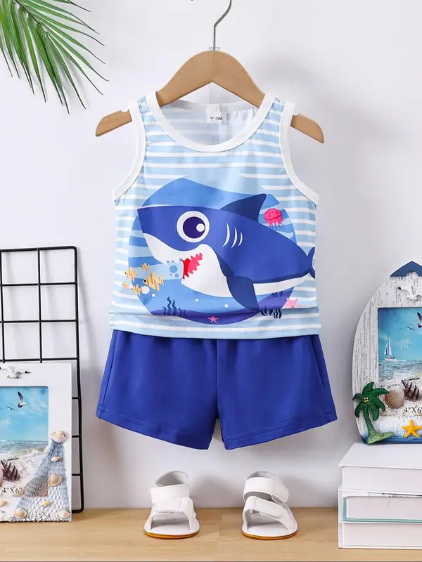 Two-Piece Set Toddler Boy's Cartoon Fish Print Tank Top & Plain Shorts, Cute Casual Sleeveless Top & Shorts for Daily Wear, ...