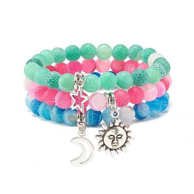 3Pcs Natural Weathered Agate(Dyed) Beaded Bracelets Set