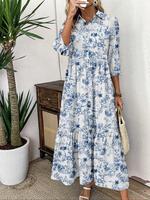 Women's Floral Print Button Ruffle Hem Dress, Boho Fashion Casual Fitted Collared Dress for Daily Holiday Vacation Wear, Ladi...