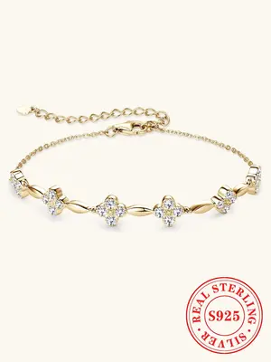 S925 Sterling Silver Flower Design Lobster Closure Bracelet, Fashionable Synthetic Moissanite Decorated Bracelet for Women & ...