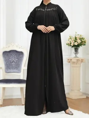 Women's Fashion Modest Loose-Fit Long Dress, Zipper Pearl Embroidery, Traditional Arabic Style, All Seasons Wear
