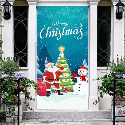 Blue Star Night Snowman Merry Christmas Door Cover - Aperturee