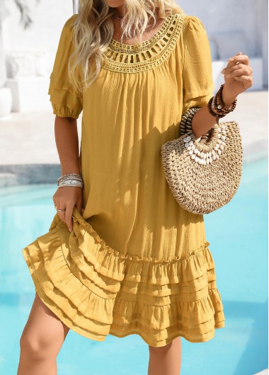 Modlily Ginger Embroidery A Line Half Sleeve Round Neck Dress - M