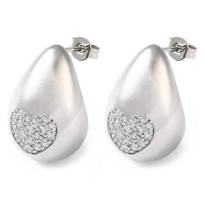 Teardrop with Heart Brass Micro Pave Clear Cubic Zirconia Stud Earrings