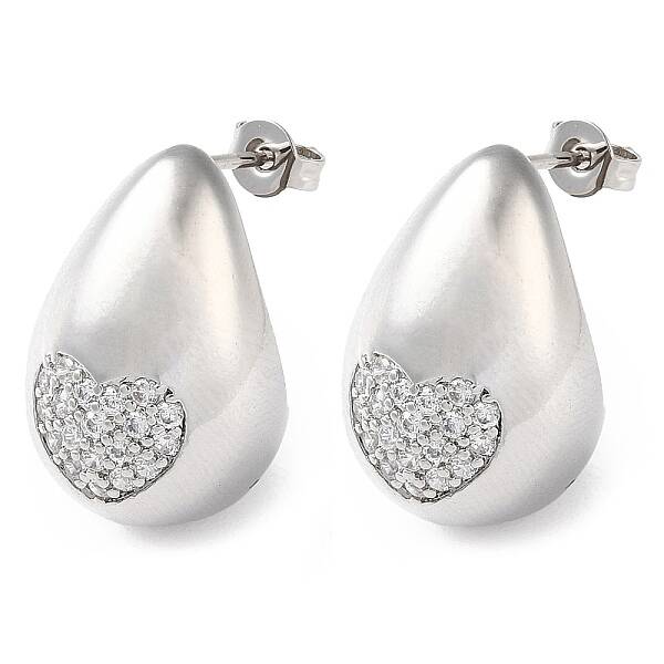 Teardrop with Heart Brass Micro Pave Clear Cubic Zirconia Stud Earrings