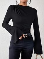 Women's Plain Ruched Flounce Sleeve Tee, Elegant Long Sleeve Stand Collar T-Shirt for Spring & Fall, Women's Top for Daily We...