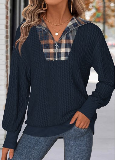Modlily Navy Tummy Coverage Plaid Long Sleeve Sweatshirt - M