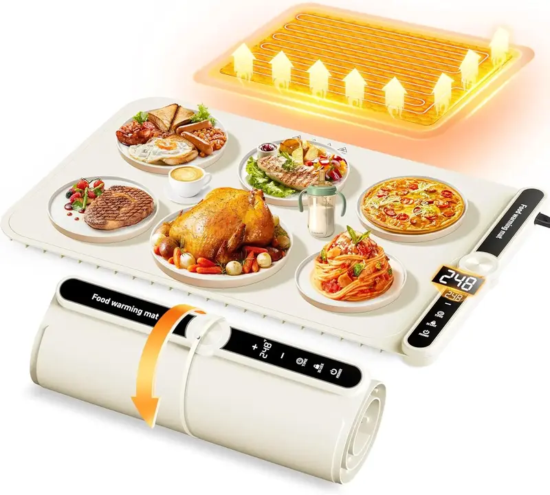Electric Food Warming Mat with 9 Temperature Levels & 6-Hour Timer, Faster Full Surface Heating Mat, Roll Up Food Warmer for ...