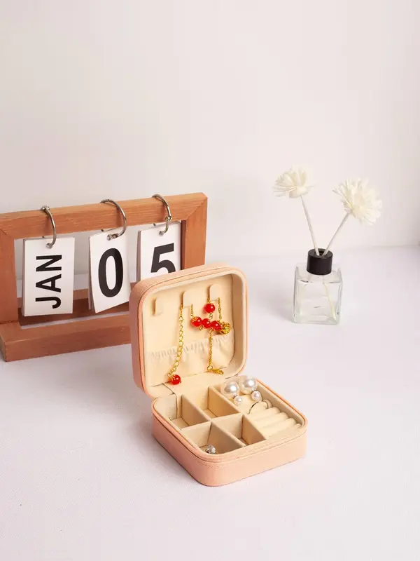 1 Piece Portable Jewelry Storage Box With Zipper, Square Multi-grid Travel Makeup Organizer, Women's Jewelry Bag