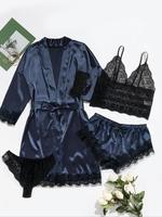 Women's Contrast Lace Belted Satin Pyjama Set, Backless Crop Cami Top & Wrap Robe & Elastic Waist Shorts & Panty Nightwear Se...