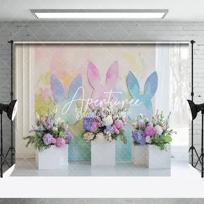 Aperturee Rainbow Color Bunny Wall Floral Easter Backdrop, 3X2FT(1MX0.6M), 14 USD, easter backdrops, ENHD3J75-M
