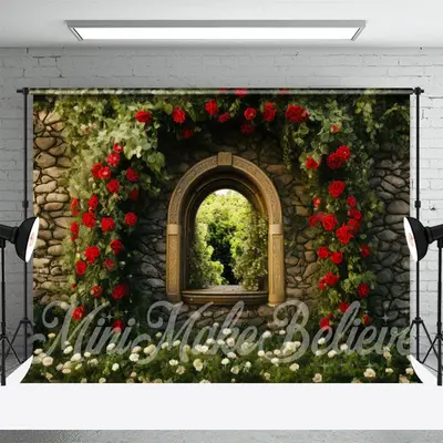 Trendy Arched Door Res Flowers Birck Spring Backdrop - Aperturee