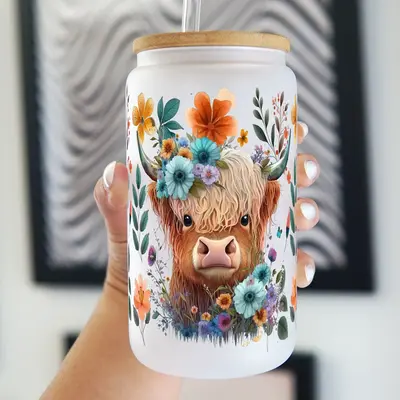Sip-Sip Hooray! 16oz Floral Highland Cow Glass Cup, Cute Cow Lover Tumbler with Bamboo Lid & Straw, Aesthetic Iced Coffee Mug...