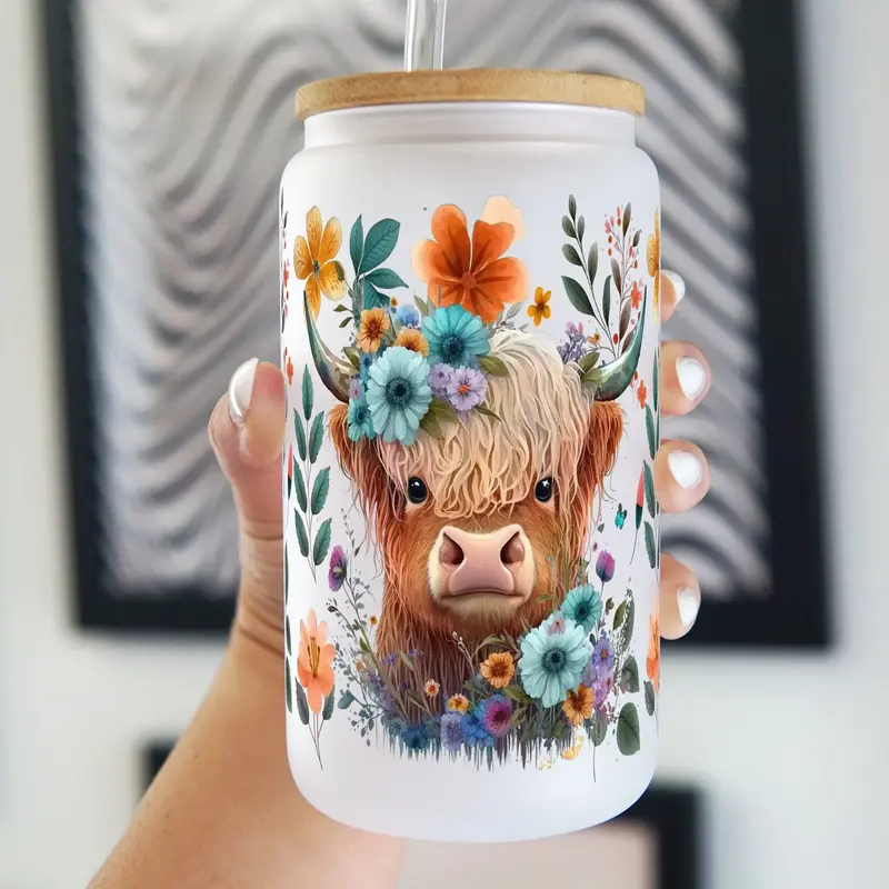 Sip-Sip Hooray! 16oz Floral Highland Cow Glass Cup, Cute Cow Lover Tumbler with Bamboo Lid & Straw, Aesthetic Iced Coffee Mug...
