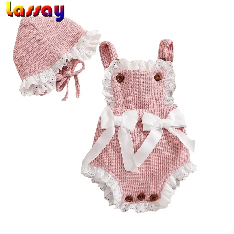 Baby Suit Set, Contrast Color Bowknot Sleeveless Ruffle Knitted Romper+ Hat for Girls, 0-18 Months