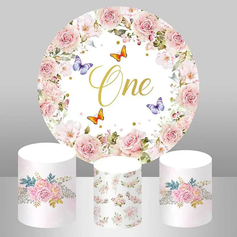 Aperturee Floral And Butterfly Round Happy 1St Birthday Backdrop | Round Backdrop Cover Diy | Round Party Backdrop | Circular...