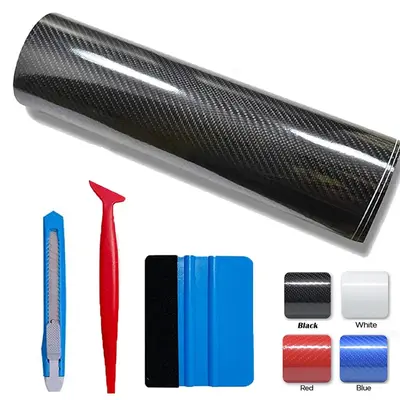 High Gloss Black Carbon Fiber Car Wrap Vinyl Bubble Free Air Release Adhesive Car Wrap Film Roll DIY Decals with Cutter and H...