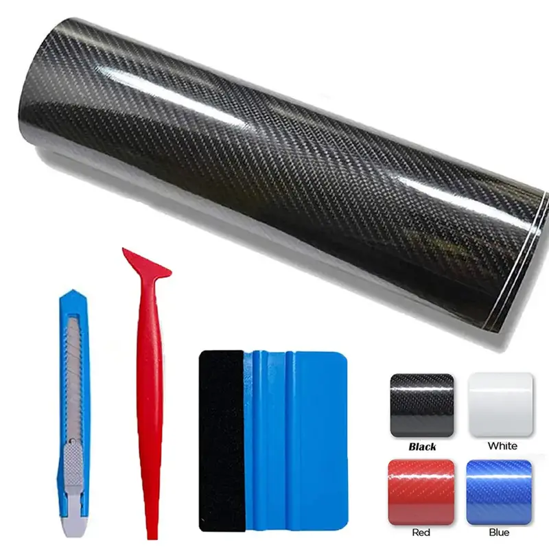 High Gloss Black Carbon Fiber Car Wrap Vinyl Bubble Free Air Release Adhesive Car Wrap Film Roll DIY Decals with Cutter and H...
