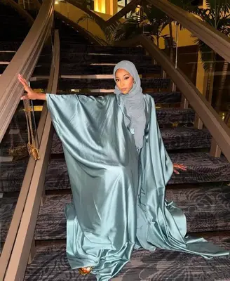 Silk Abaya Set - Gold & Blue 3-Piece Ensemble with Maxi Under Dress Hijab & Open Abaya for Effortless Elegance