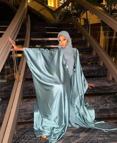 Silk Abaya Set - Gold & Blue 3-Piece Ensemble with Maxi Under Dress Hijab & Open Abaya for Effortless Elegance