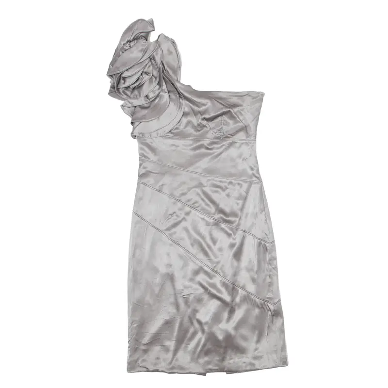 KAREN MILLEN One Shoulder Flower Cocktail Sheath Dress Silver Sleeveless Knee Length Womens UK 10