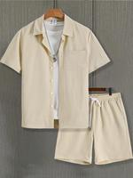 Two-piece Set Men's Solid Color Short Sleeve Shirt & Drawstring Waist Shorts, Regular Fit Casual Fashion Cozy Breathable Men ...