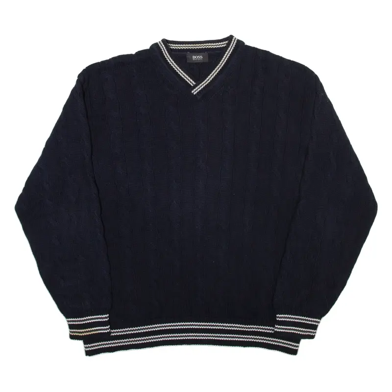 HUGO BOSS Mens Jumper Blue V-Neck Cable Knit XL