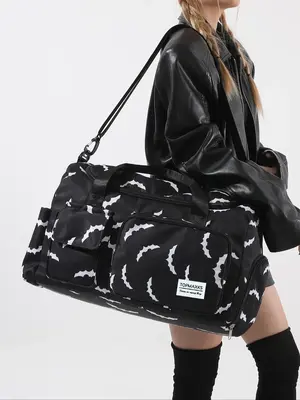 Unisex Bat Pattern Travel Bag, 2025 Halloween Large Capacity Duffel Bag with Wet Bag Shoe Compartment, Lightweight Carry-On L...