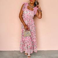 Women's Casual Floral Square Neck Lace Tie Strap Empire Waist Maxi Dress - Elegant Special Summer Guest Boho Beach Long Dress...