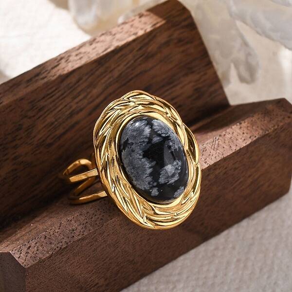 Oval Natural Snowflake Obsidian Finger Rings