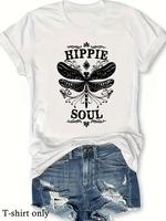 Women's Vintage Dragonfly & Letter Print Round Neck Tee, Casual Boho Shortsleeve T-shirt for Daily Wear, Ladies Summer Tshirt...