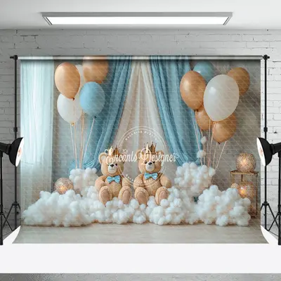Blue Curtain Balloons Bears Cake Smash Backdrop - Aperturee