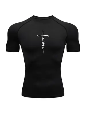 Men's Letter Print Round Neck Sports Tee, Quick Drying Breathable Crew Neck T-Shirt, Casual Sporty Top for Summer